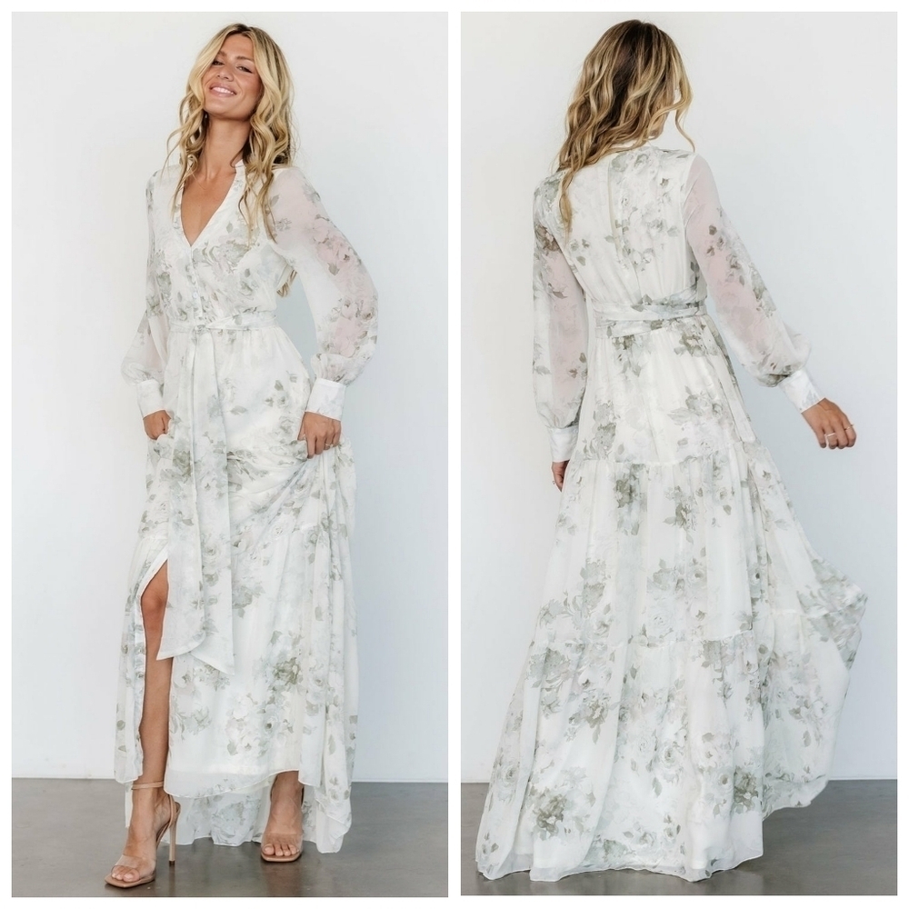 Baltic Born Lizette White And Sage Floral Long Sleeve Button Up Maxi Dress